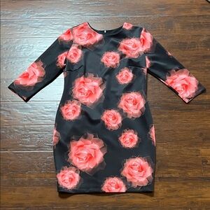 Neiman Marcus Black Scuba 3/4 Sleeve Sheath Dress w/ Large Pink Rose Print sz L